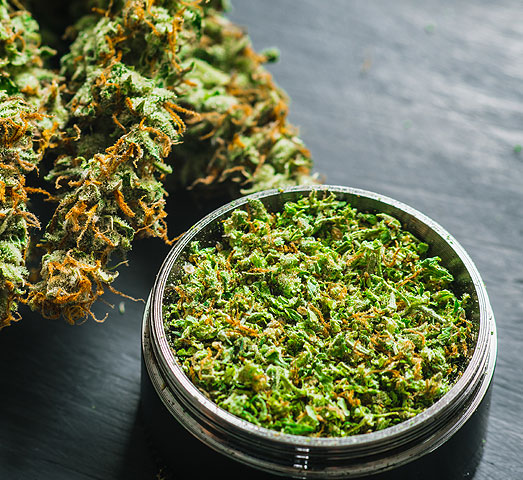 Vermalen cannabis in een grinder. Vermalen cannabis in een grinder.